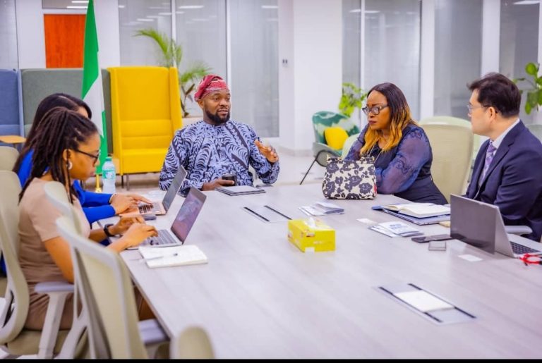 Honourable Minister of Communication and Digital Economy, Dr. Bosun Tijani (centre), PDBI representative Ms. Viola Askia-Usoro and other guests during the courtesy call on the Minister.